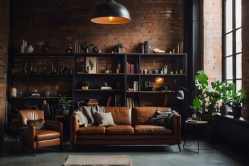 Modern living room, home interior design with comfortable brown sofa and plants, brick walls, cozy carpet, wall art framed.