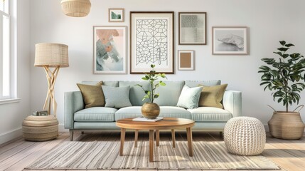 Fototapeta premium Contemporary Comfort: Modern Mint Sofa, Wooden Console, Cube Accent, and Cozy Decor Elements 