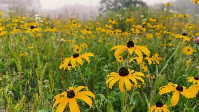 Rudbeckia hirta or black-eyed susan in the  foggy field