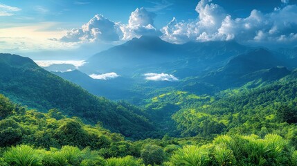 Obraz premium Mountainous Landscape with Lush Greenery and Clouds