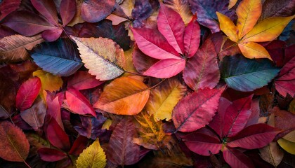 A rich autumn leaf background features layers of deep reds, burnt oranges, golden yellows, and browns, with dappled sunlight and natural textures.