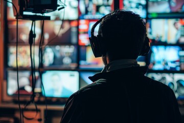 A broadcast technician monitors multiple screens in a control room during an evening news production