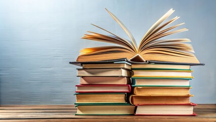 Naklejka premium Panoramic view of an opened book on top of a stack of books, perfect for reading, education, literature, with copy space