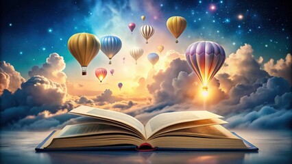 Open book with glowing fantasy clouds and balloons, ideal for imagination and dreams