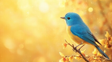 Fototapeta premium Vibrant blue and yellow bird perched on branch with glittering golden background