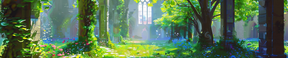 Cloistered Canvas: A peaceful cloister garden is the subject of an abstract painting, its vibrant greens and blues creating a tranquil mood.