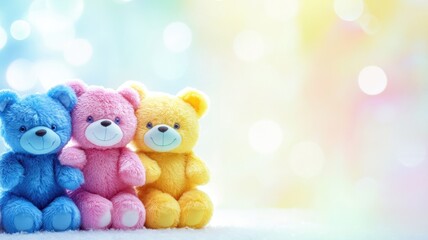 Fototapeta premium Three colorful bears on bokeh background