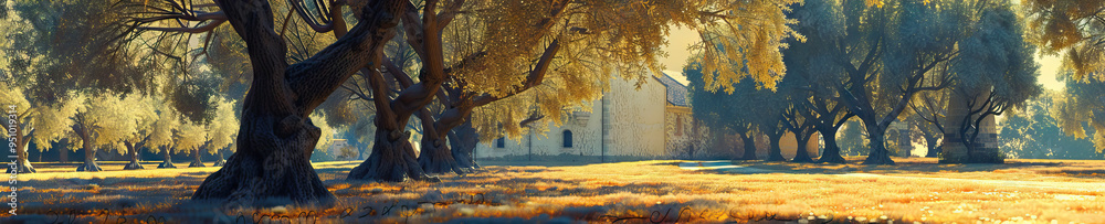 Wall mural Sacred Shadows: Ancient olive trees sway gently outside a rural European abbey, their long shadows stretching across the grounds.