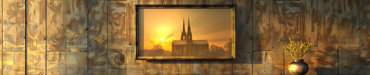 Naklejka premium Golden Nostalgia: A vintage photograph of a European cathedral at sunset hangs on a faded wood-paneled wall, its gold-leaf details glimmering in the dim light.
