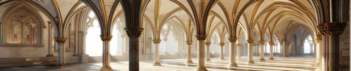 Enchanting Arches: The delicate archways of a medieval European cathedral are accentuated with intricate gilded trim, drawing the eye upwards in awe and wonder.