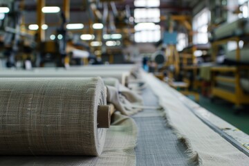 Industrial fabric production in a manufacturing facility with tailored machinery and large rolls of material
