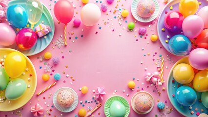 Pastel pink birthday table with colorful balloons, confetti, top view flat lay style