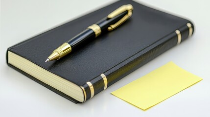 A black leather notebook with a pen on it. Great for concepts of writing, planning, and note-taking.