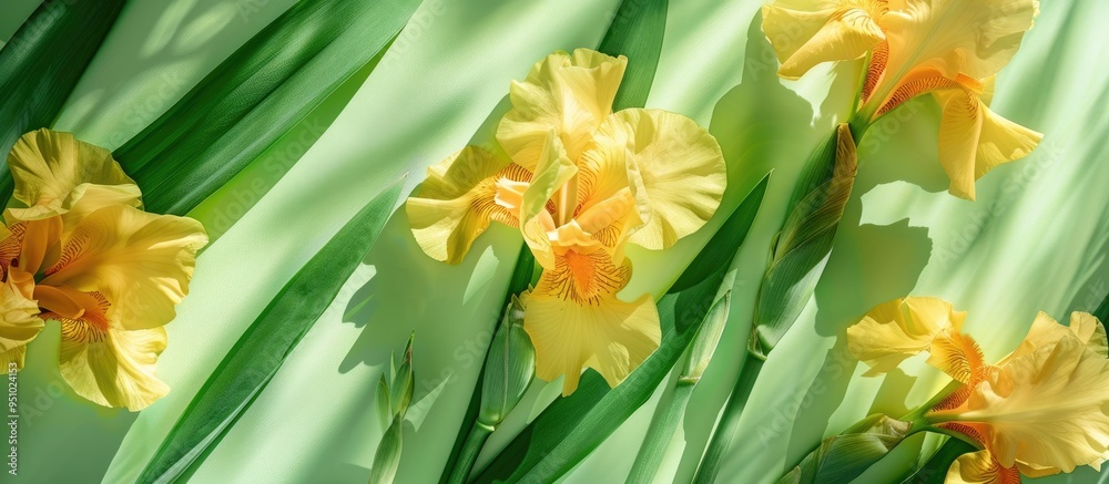 Wall mural yellow iris flower on green background summer flowers