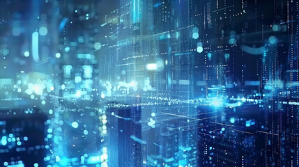 Fototapeta premium Futuristic Urban Skyline with Blue Tones and Reflective Glass Buildings, Metallic Structure in Foreground