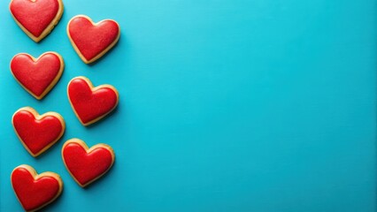 Fototapeta premium Top view of red heart-shaped cookies on blue background with copy space