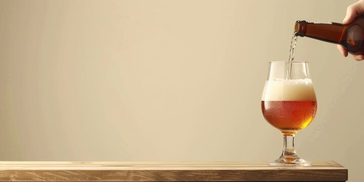 Promoting craft beer being served in a tulip-shaped glass on a display stand.