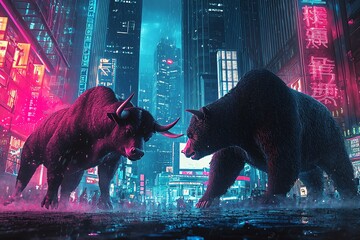 Bull and bear facing off in a neon-lit city, representing financial markets.