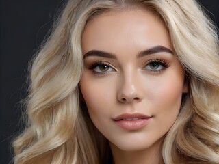 Naklejka premium Portrait of young woman with blonde long hair isolated on beige background. Woman with healthy skin looks at the camera. Natural makeup of young beautiful model on a studio background
