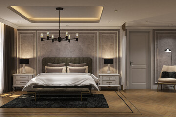 3d render of interior design bed room modern classic  style. Wood parquet floor, gray wall and white ceiling. Set 16