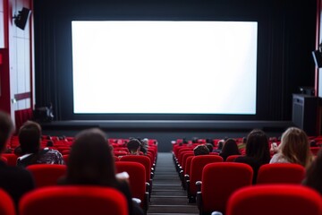 Obraz premium People seated in red chairs watching a blank screen during a movie performance in a cinema hall