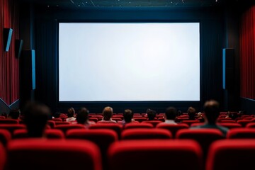 People enjoy a movie performance in a cinema hall with a blank screen and red seating during a film screening event