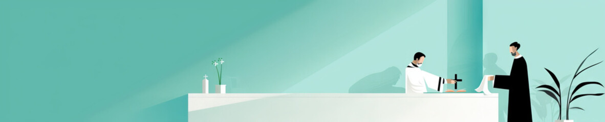 Obraz premium A minimalist illustration of a Catholic priest administering the sacrament of baptism, set against a calming teal and white backdrop.
