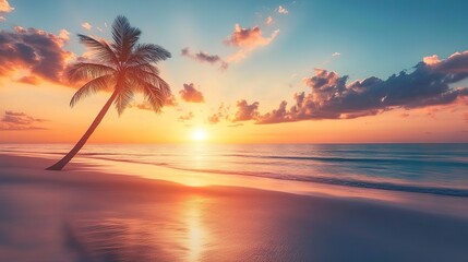 Peaceful sunset with a lone palm tree on the beach -