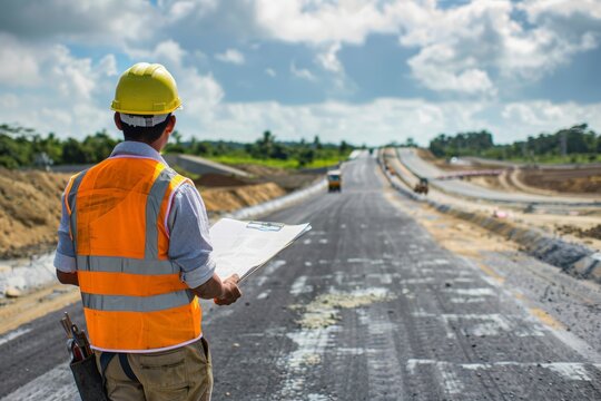 Civil engineer supervising road construction and expressway project under clear skies during daylight