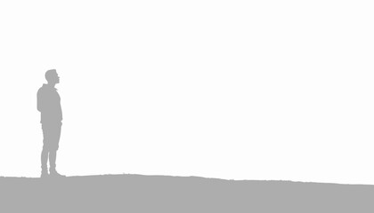 Obraz premium Silhouette of a man standing alone against a white background, gazing upward.