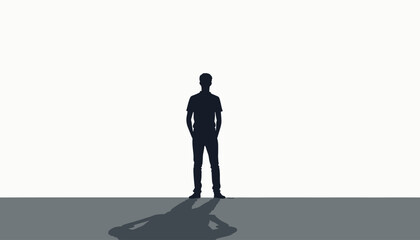 Fototapeta premium Silhouette of a man standing with his fists on his hips against a plain background, casting a shadow.