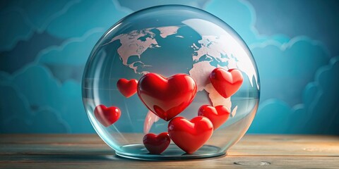 Valentine's Day theme with heart shapes under glass globe representing the countries of America
