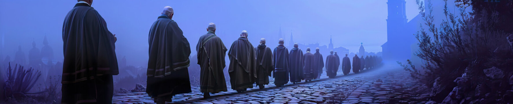 A solemn procession of Catholic monks in traditional habits walks along a cobblestone path in a European monastery, standing out against an etherial, blue-violet background.