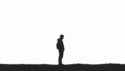 Silhouette of a young man with a backpack standing alone against a clear sky.