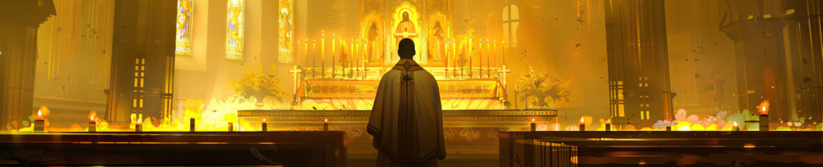 Naklejka premium A priest wearing ceremonial robes stands before an ornate gold altar, illuminated by warm candlelight in a peaceful, yellow-hued sanctuary.