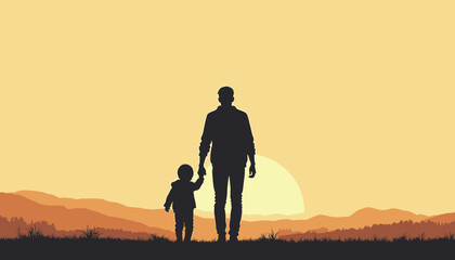 Fototapeta premium Silhouette of an adult and child holding hands with a scenic sunset backdrop.