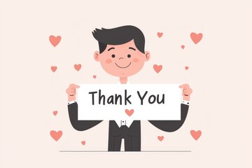 Vector flat cartoon illustration of a happy businessman holding a sign with the text Thank You on a pastel background, in a simple minimalistic style.