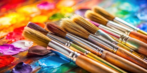 Fototapeta premium Close-up view of artistic brushes with watercolor paints in the background