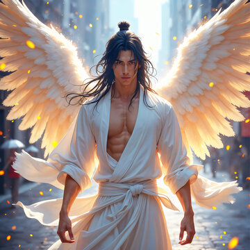 Male Asian Angel With White Wings and Long Black Hair