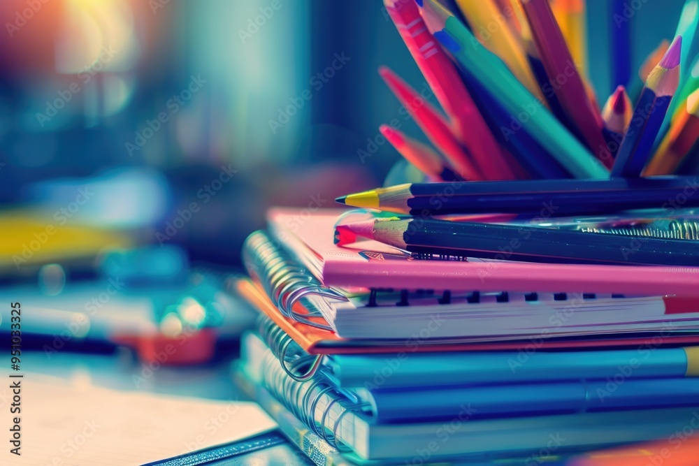 Poster Stack of notebooks on a desk, great for office or study scenes