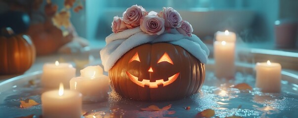 Pumpkin with white towel and spa supplies. Spa and Halloween. Facial and body treatment, skincare. Self care, cosmetic and beauty creative concept. Background for banner, poster, advertising