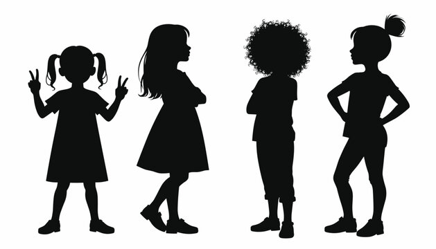 Silhouettes of four children standing in different poses with various hairstyles against a white background.
