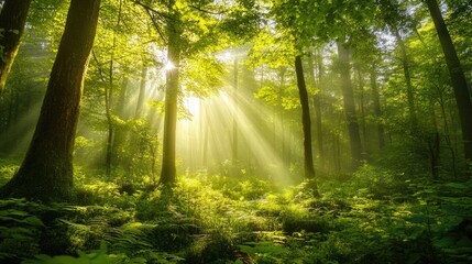 Obraz premium A lush green forest with sunlight filtering through the trees, representing the beauty of nature and the importance of conservation.