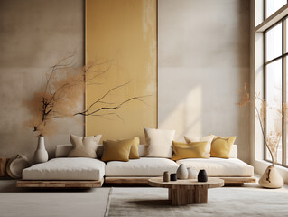 Wabi sabi japanese style rustic living room interior in with wood, pottery and texture elements in mustard and yellow