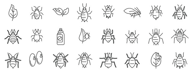 Aphid icons set. Set of simple outline icons showing different types of garden parasites bugs and insecticides for plants