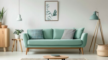 Minty Fresh: Modern Mint Sofa, Wooden Console, Versatile Cube, and Elegant Home Accessories