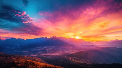 Fototapeta premium Evening sunset with vibrant hues over distant mountains