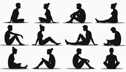 Silhouettes of men and women in various seated poses against a plain background.