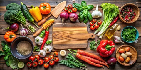 Variety of fresh vegetables and kitchenware on a wooden cutting board
