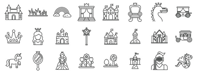 Fairytale princess castle icons set. Line art icon set including various elements of fairy tales, princesses, and medieval times © anatolir